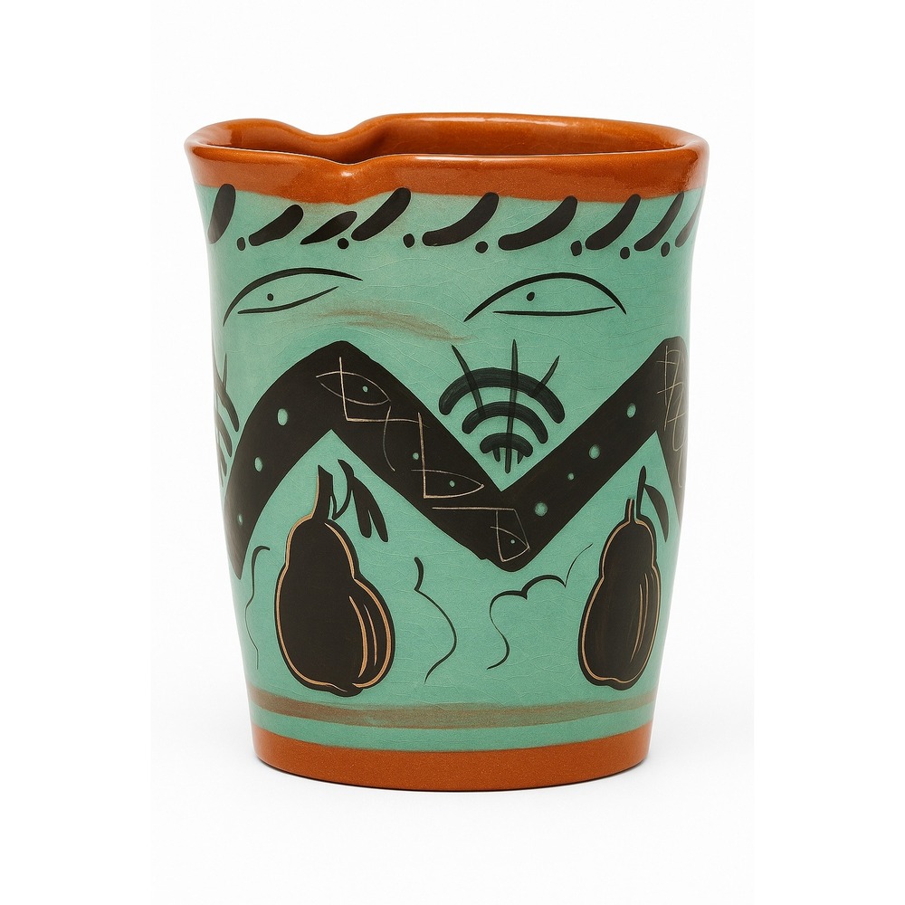 Studio Pottery Pitcher Eye Mark Southwestern Folk Art 7" Turquoise Terracotta